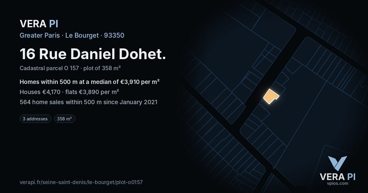 16 Rue Daniel Dohet, Le Bourget at night – the plot lit, the parcels around coloured by the prices near them