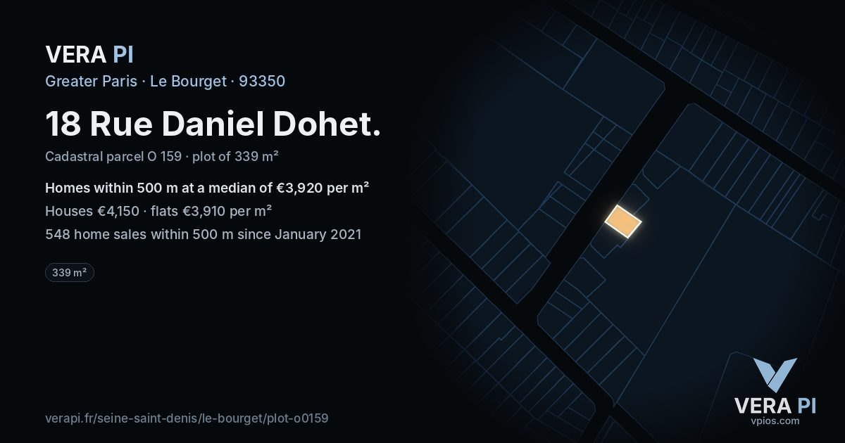 18 Rue Daniel Dohet, Le Bourget at night – the plot lit, the parcels around coloured by the prices near them