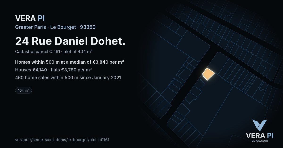 24 Rue Daniel Dohet, Le Bourget at night – the plot lit, the parcels around coloured by the prices near them