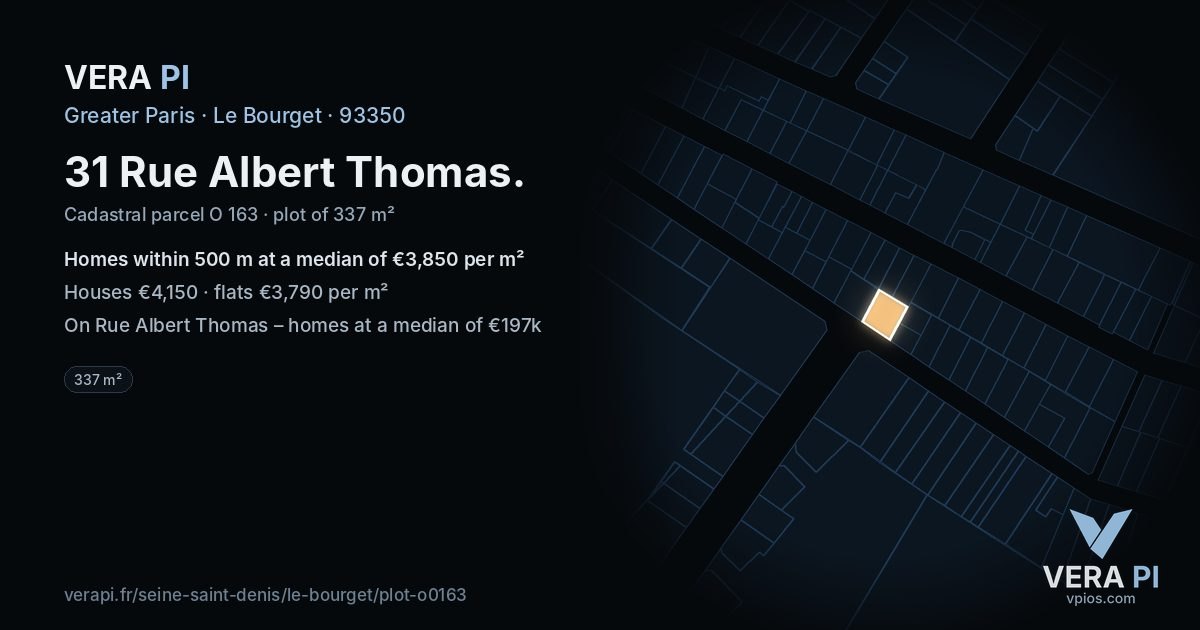 31 Rue Albert Thomas, Le Bourget at night – the plot lit, the parcels around coloured by the prices near them