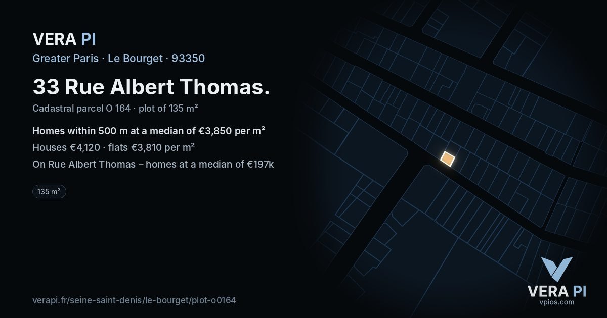 33 Rue Albert Thomas, Le Bourget at night – the plot lit, the parcels around coloured by the prices near them