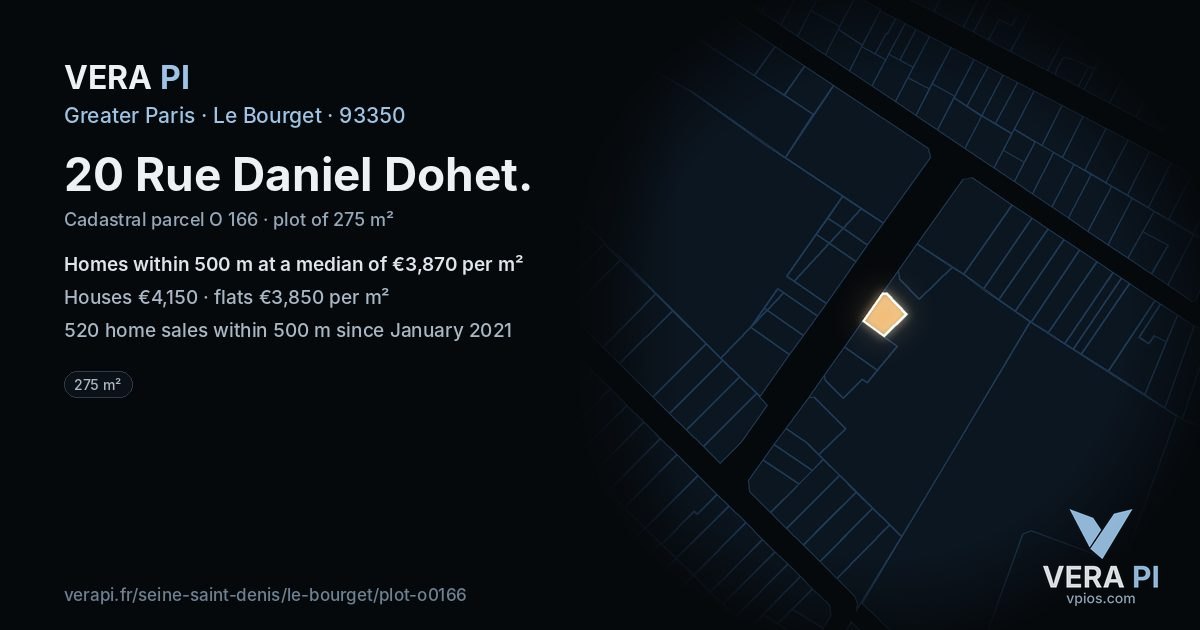20 Rue Daniel Dohet, Le Bourget at night – the plot lit, the parcels around coloured by the prices near them