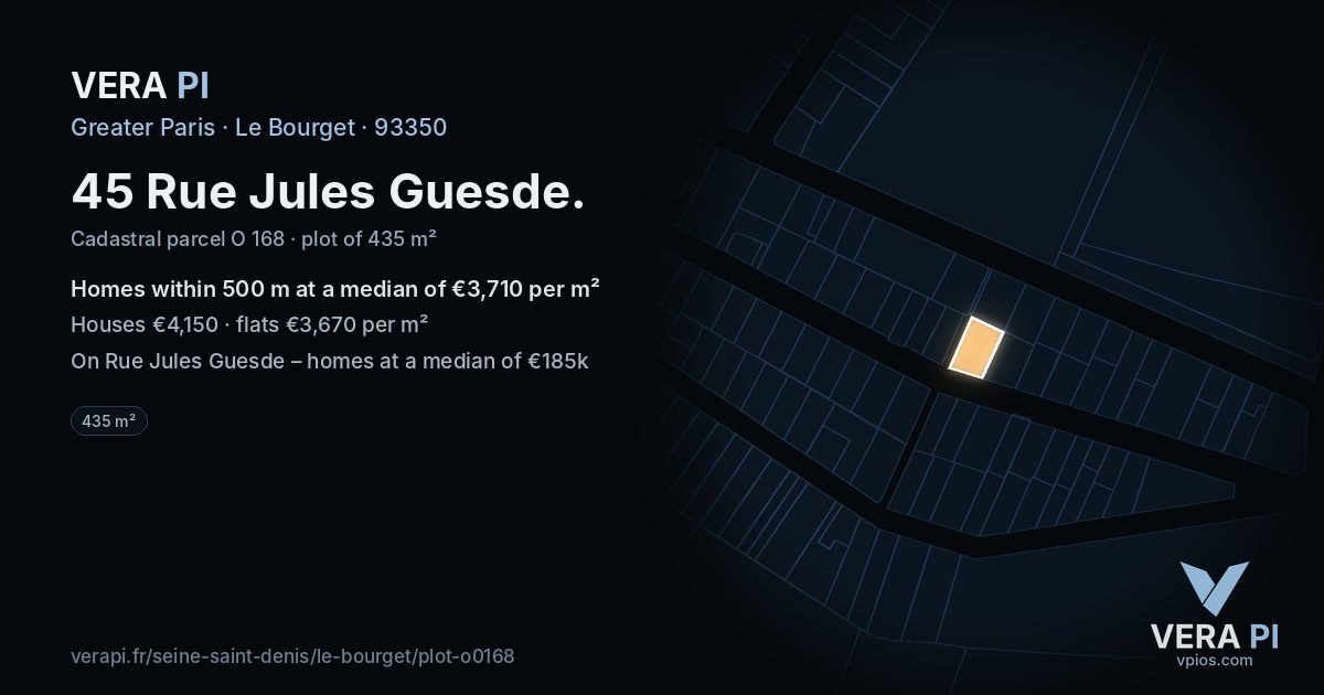 45 Rue Jules Guesde, Le Bourget at night – the plot lit, the parcels around coloured by the prices near them