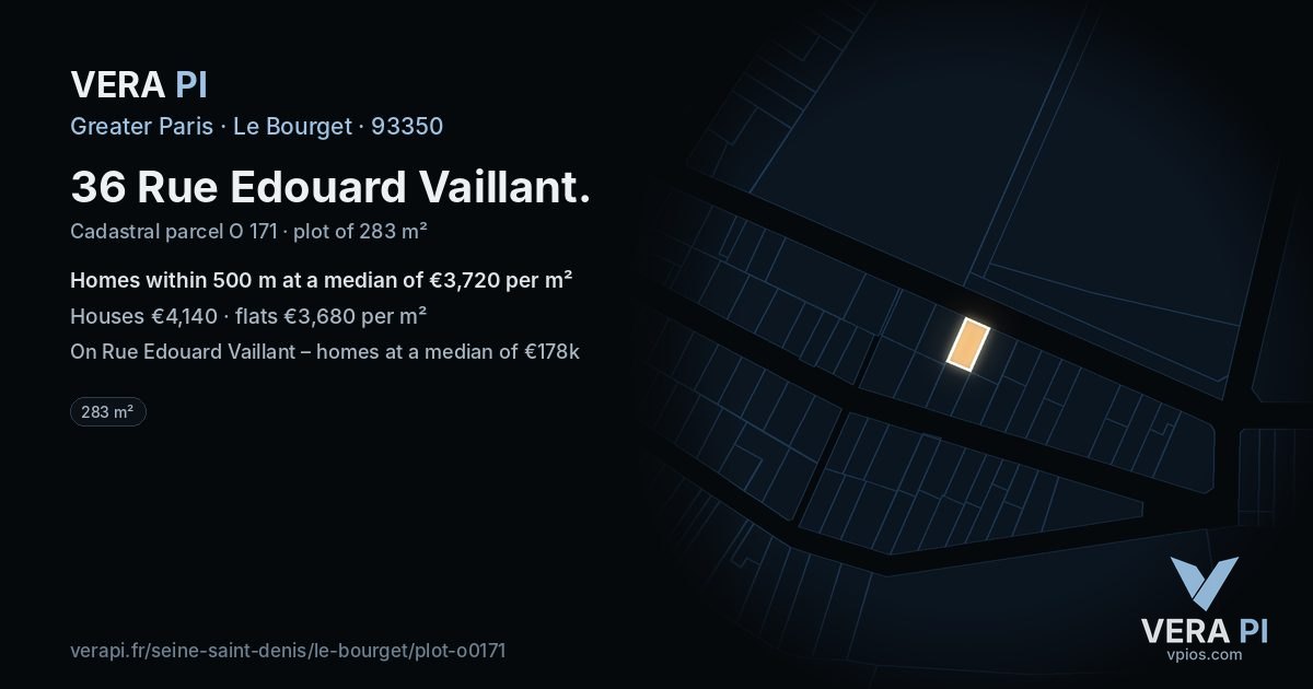 36 Rue Edouard Vaillant, Le Bourget at night – the plot lit, the parcels around coloured by the prices near them