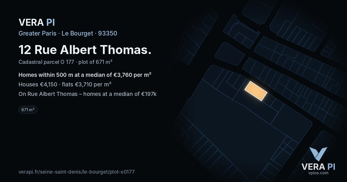 12 Rue Albert Thomas, Le Bourget at night – the plot lit, the parcels around coloured by the prices near them