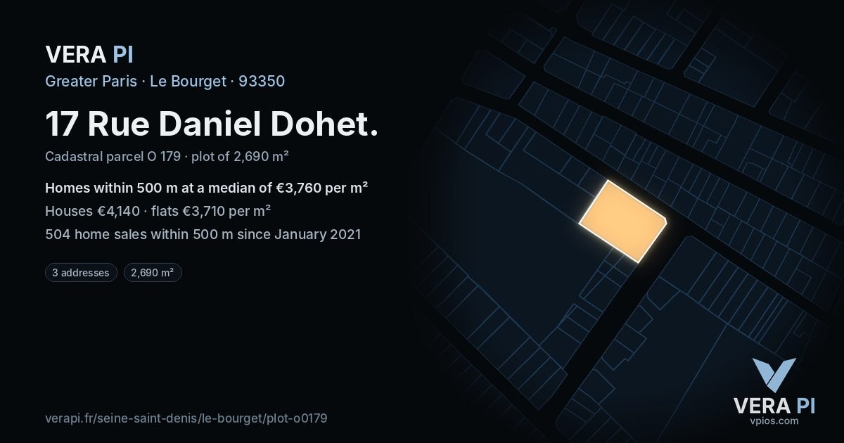 17 Rue Daniel Dohet, Le Bourget at night – the plot lit, the parcels around coloured by the prices near them