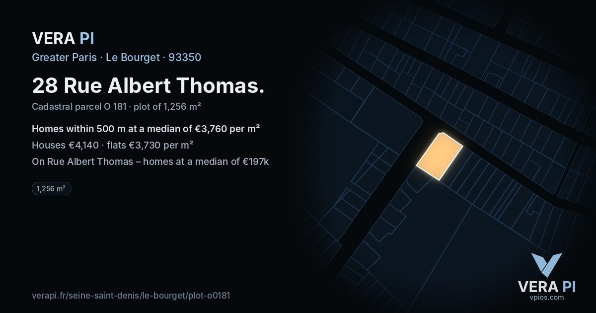 28 Rue Albert Thomas, Le Bourget at night – the plot lit, the parcels around coloured by the prices near them