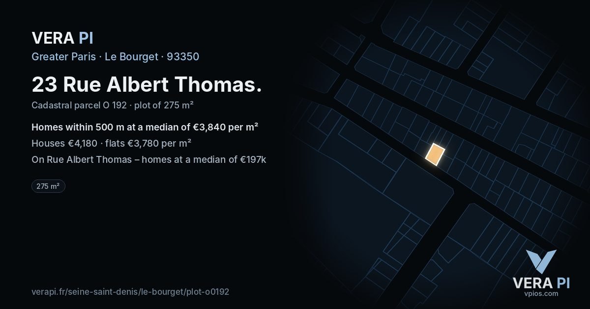 23 Rue Albert Thomas, Le Bourget at night – the plot lit, the parcels around coloured by the prices near them