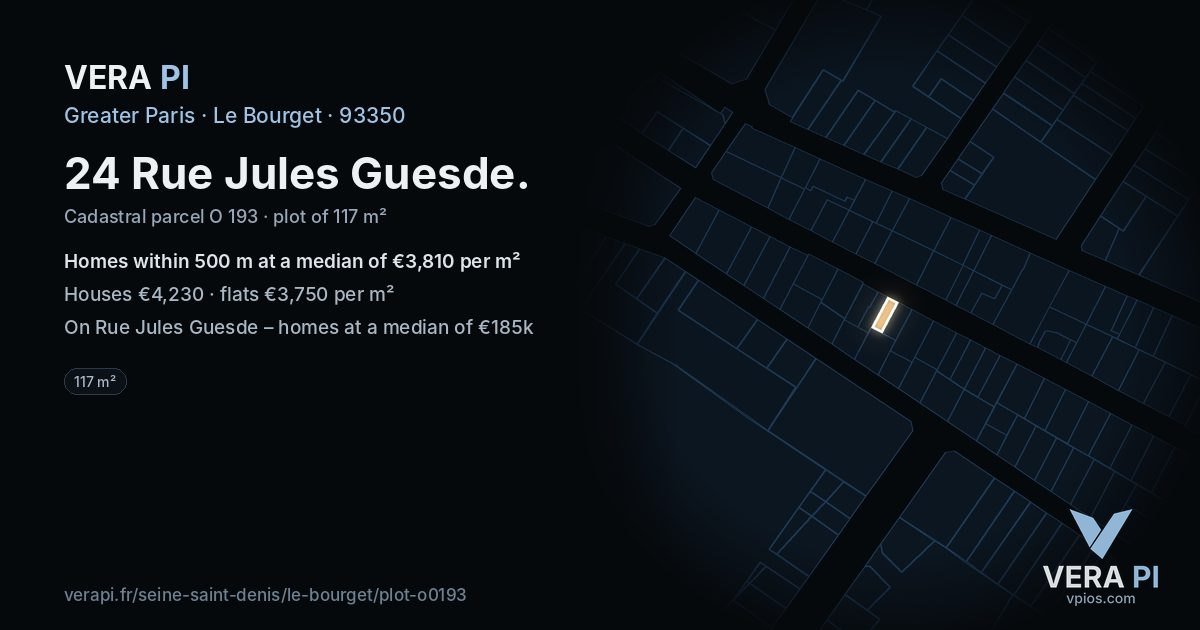 24 Rue Jules Guesde, Le Bourget at night – the plot lit, the parcels around coloured by the prices near them