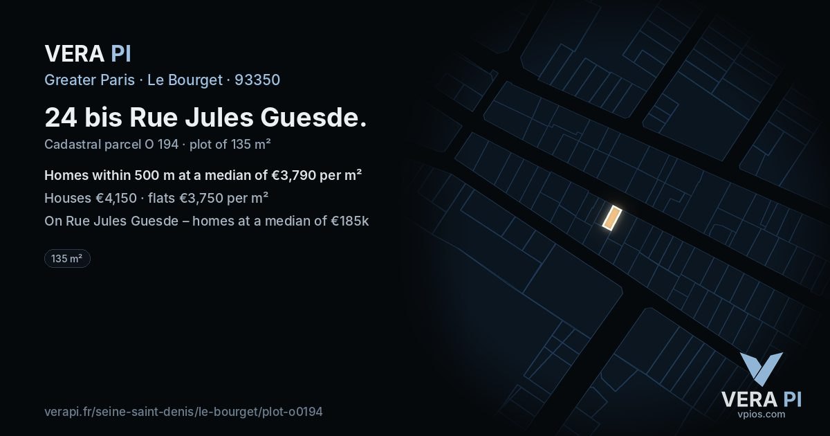 24 bis Rue Jules Guesde, Le Bourget at night – the plot lit, the parcels around coloured by the prices near them