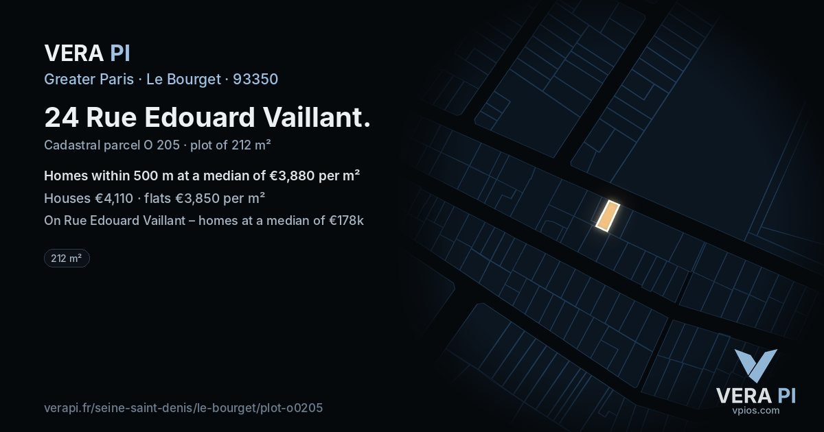 24 Rue Edouard Vaillant, Le Bourget at night – the plot lit, the parcels around coloured by the prices near them