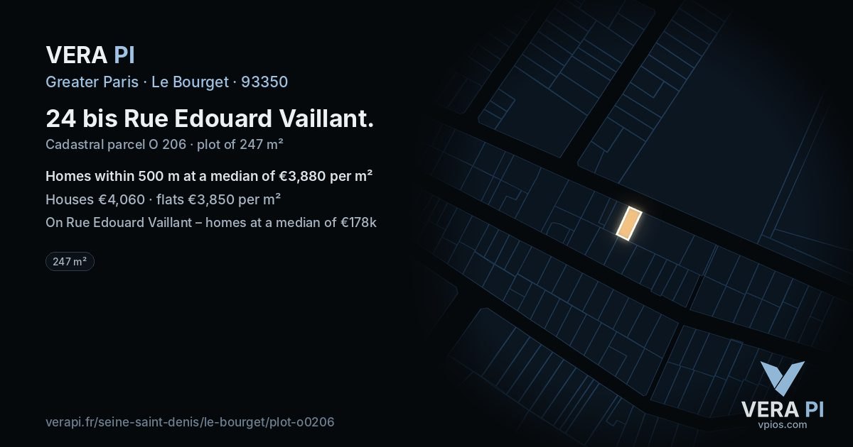 24 bis Rue Edouard Vaillant, Le Bourget at night – the plot lit, the parcels around coloured by the prices near them