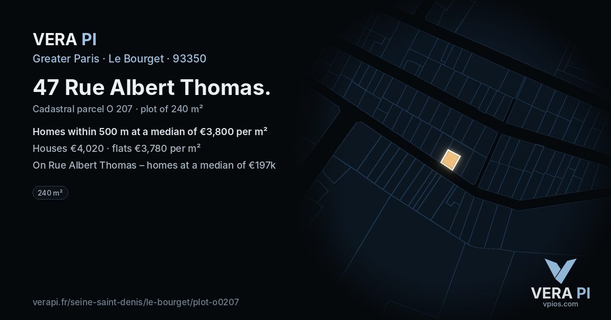 47 Rue Albert Thomas, Le Bourget at night – the plot lit, the parcels around coloured by the prices near them