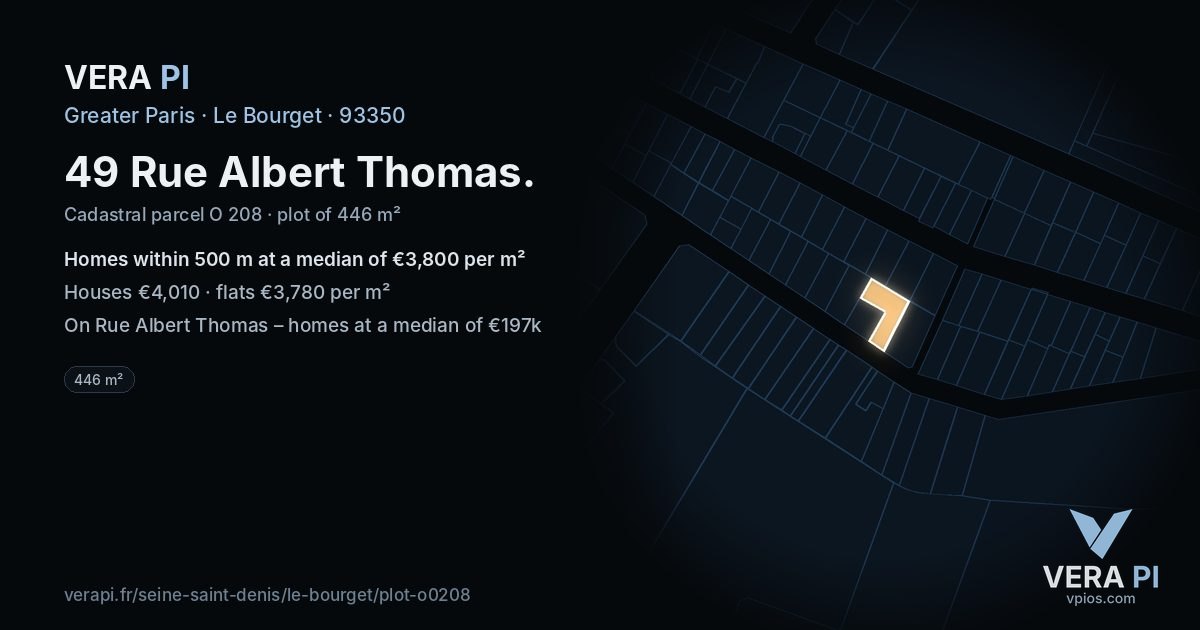 49 Rue Albert Thomas, Le Bourget at night – the plot lit, the parcels around coloured by the prices near them