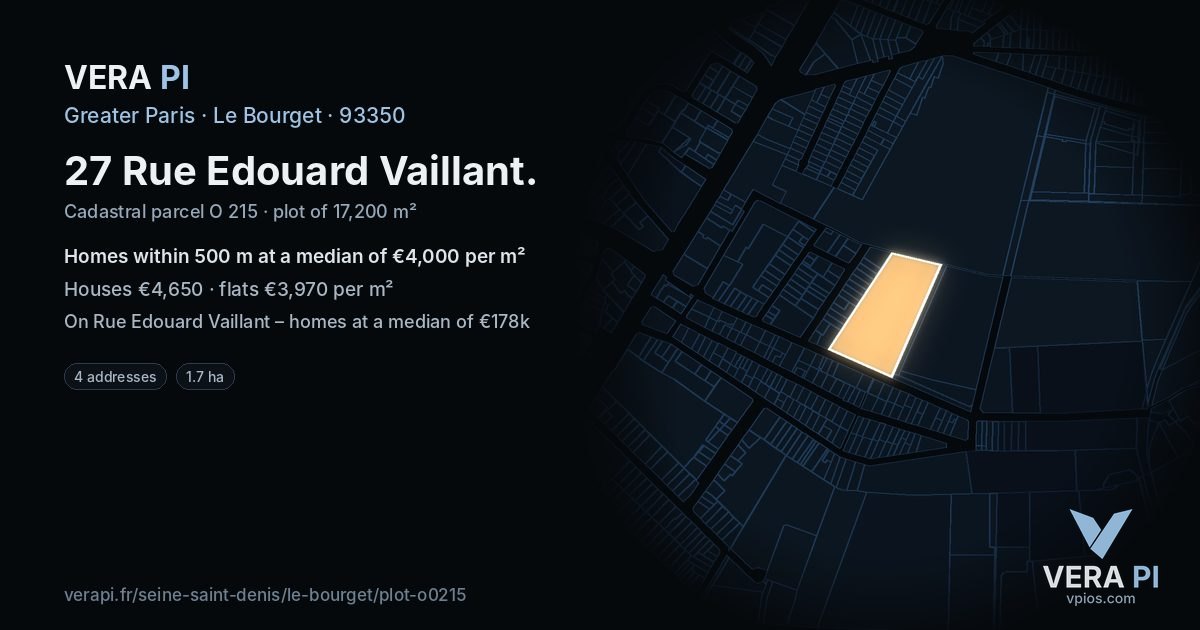 27 Rue Edouard Vaillant, Le Bourget at night – the plot lit, the parcels around coloured by the prices near them