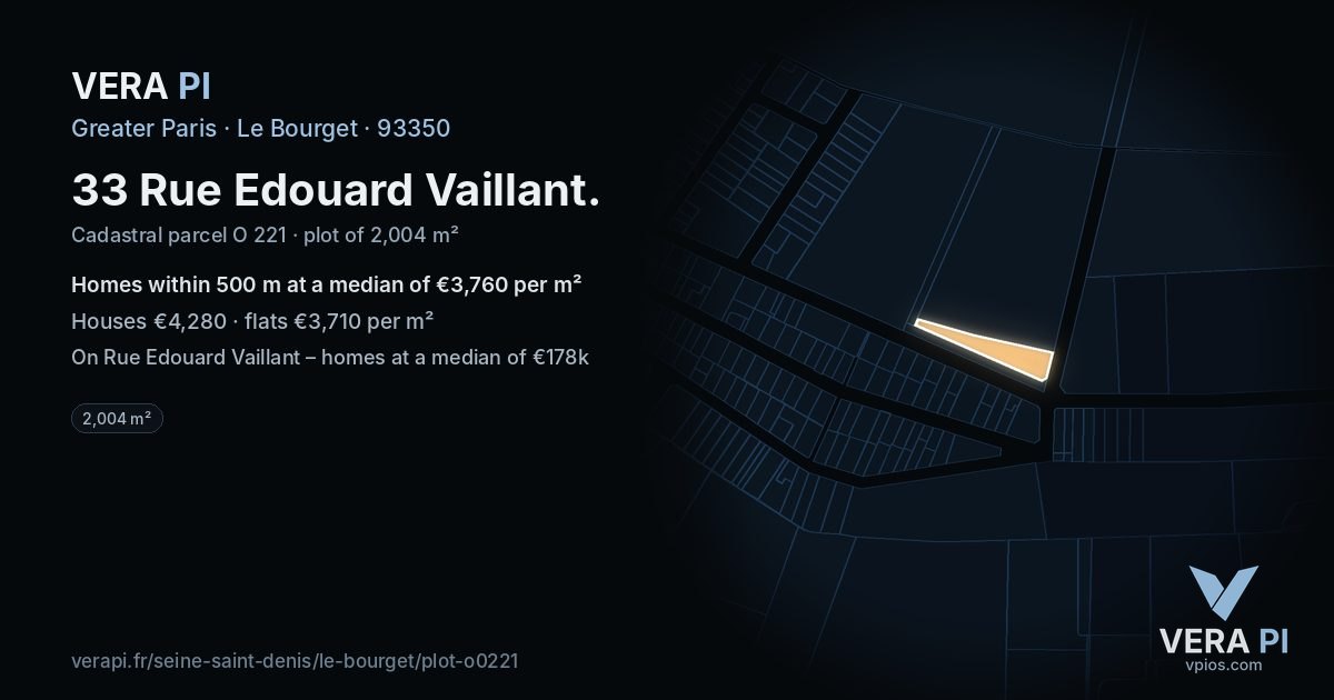 33 Rue Edouard Vaillant, Le Bourget at night – the plot lit, the parcels around coloured by the prices near them