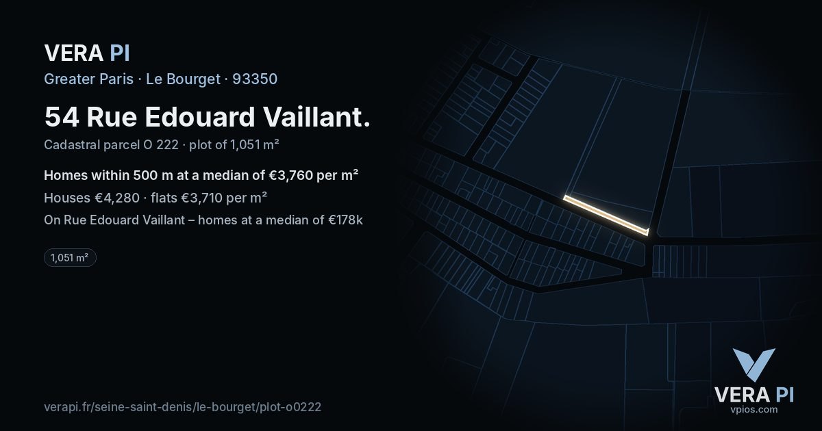 54 Rue Edouard Vaillant, Le Bourget at night – the plot lit, the parcels around coloured by the prices near them