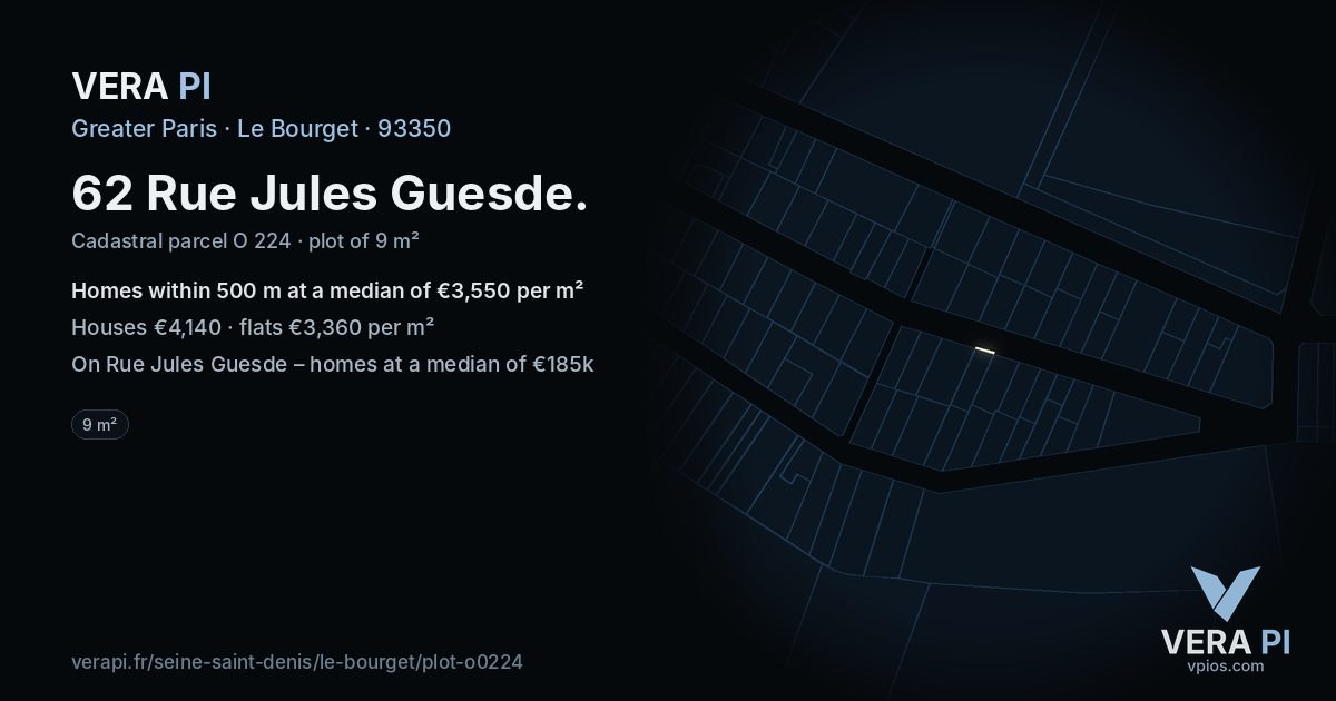 62 Rue Jules Guesde, Le Bourget at night – the plot lit, the parcels around coloured by the prices near them