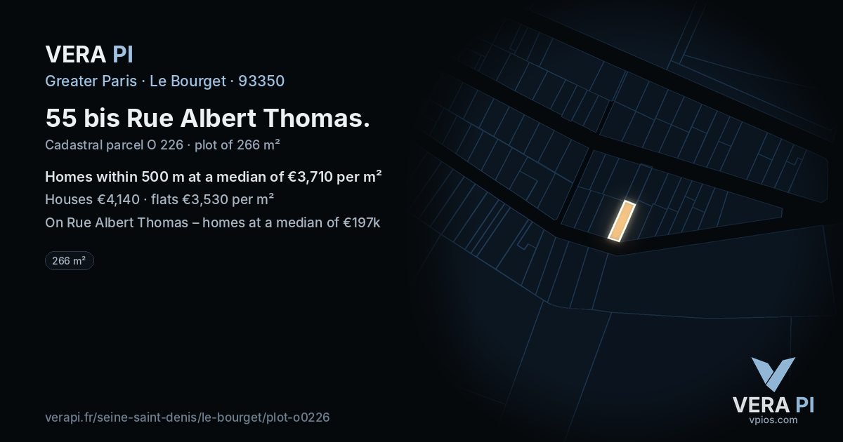 55 bis Rue Albert Thomas, Le Bourget at night – the plot lit, the parcels around coloured by the prices near them