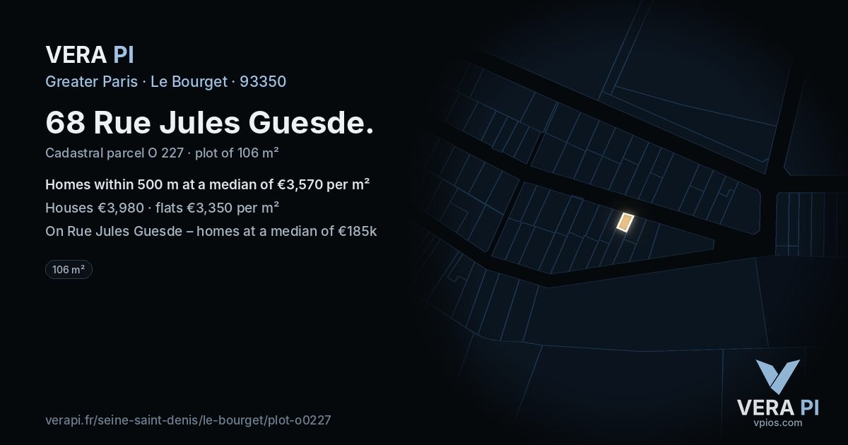 68 Rue Jules Guesde, Le Bourget at night – the plot lit, the parcels around coloured by the prices near them