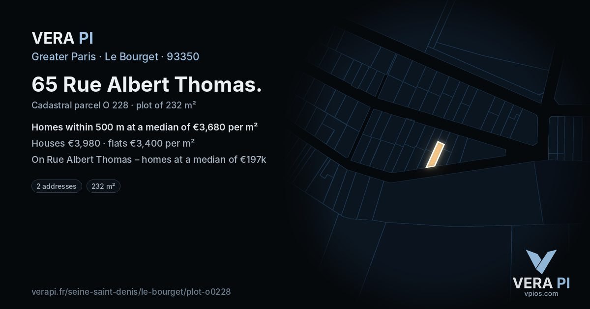 65 Rue Albert Thomas, Le Bourget at night – the plot lit, the parcels around coloured by the prices near them