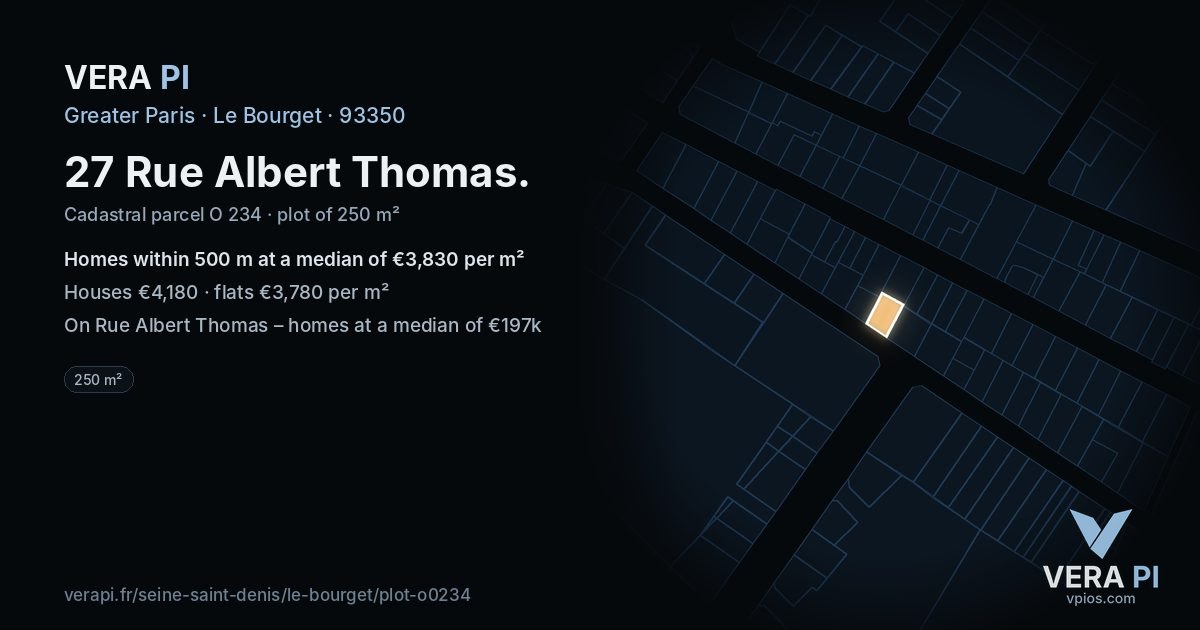 27 Rue Albert Thomas, Le Bourget at night – the plot lit, the parcels around coloured by the prices near them