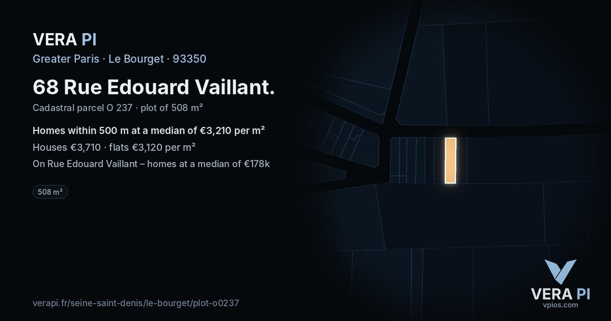 68 Rue Edouard Vaillant, Le Bourget at night – the plot lit, the parcels around coloured by the prices near them
