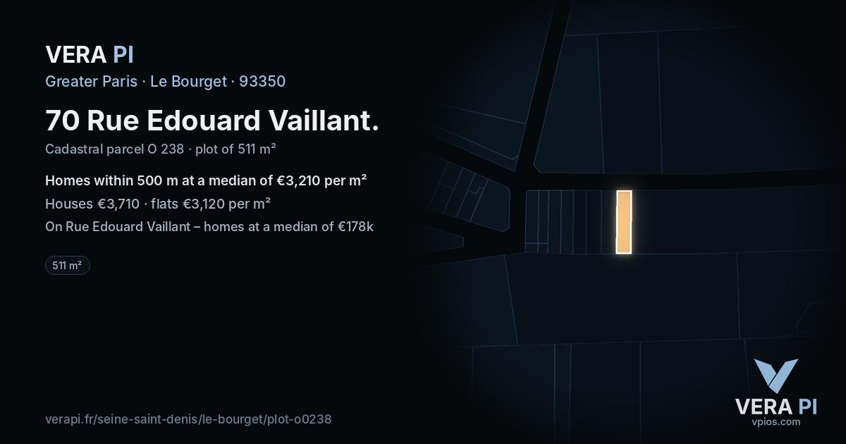 70 Rue Edouard Vaillant, Le Bourget at night – the plot lit, the parcels around coloured by the prices near them