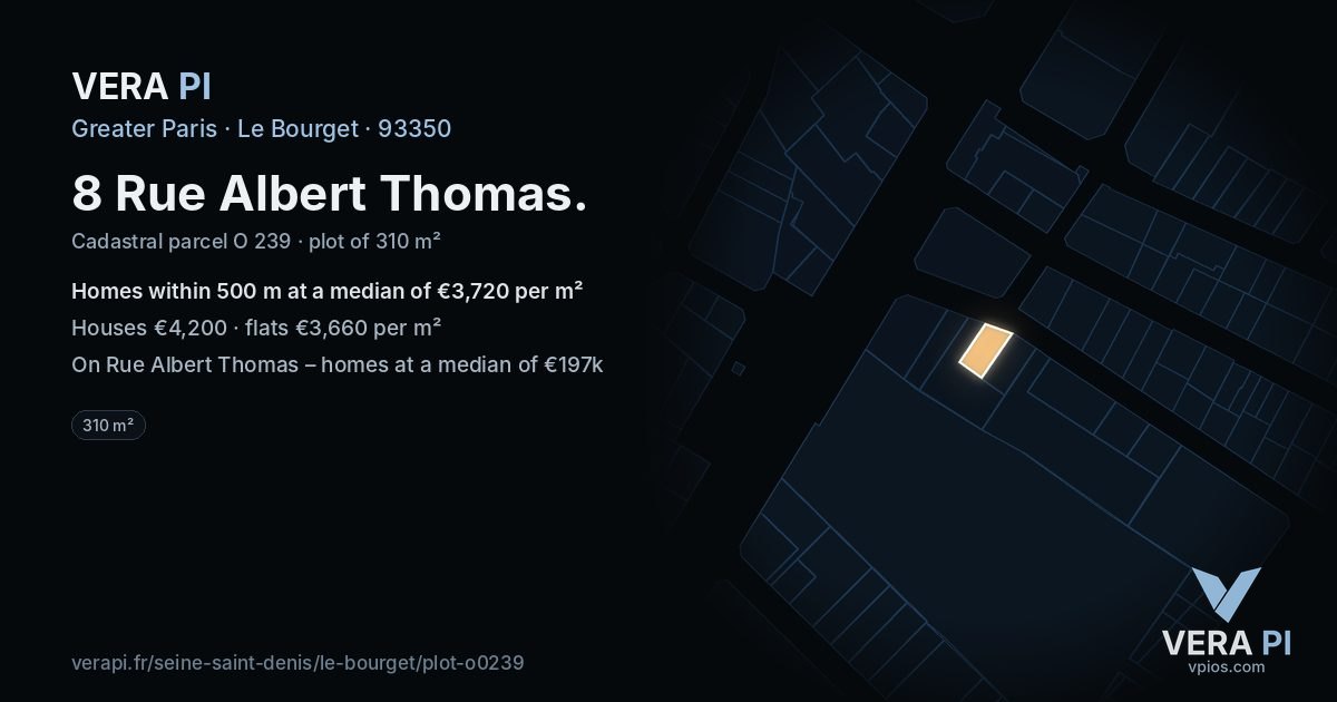 8 Rue Albert Thomas, Le Bourget at night – the plot lit, the parcels around coloured by the prices near them