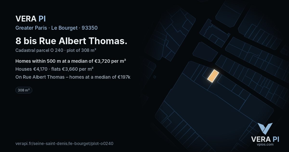 8 bis Rue Albert Thomas, Le Bourget at night – the plot lit, the parcels around coloured by the prices near them