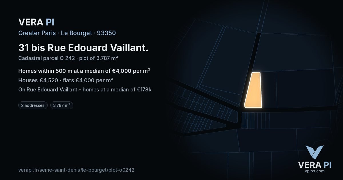 31 bis Rue Edouard Vaillant, Le Bourget at night – the plot lit, the parcels around coloured by the prices near them