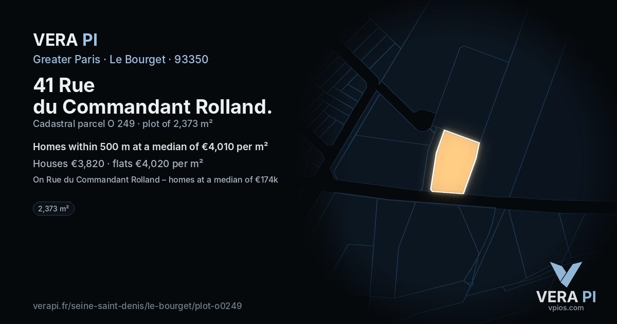 41 Rue du Commandant Rolland, Le Bourget at night – the plot lit, the parcels around coloured by the prices near them