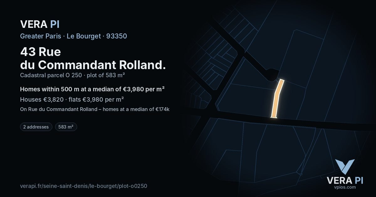 43 Rue du Commandant Rolland, Le Bourget at night – the plot lit, the parcels around coloured by the prices near them
