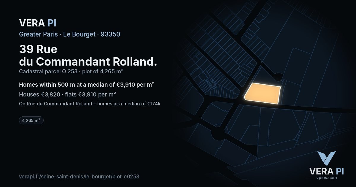 39 Rue du Commandant Rolland, Le Bourget at night – the plot lit, the parcels around coloured by the prices near them