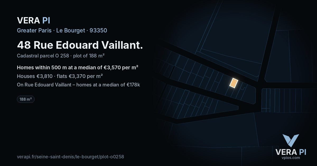 48 Rue Edouard Vaillant, Le Bourget at night – the plot lit, the parcels around coloured by the prices near them