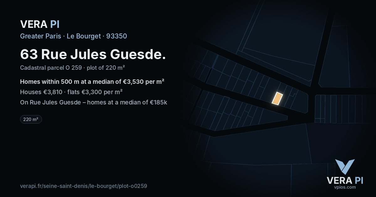 63 Rue Jules Guesde, Le Bourget at night – the plot lit, the parcels around coloured by the prices near them