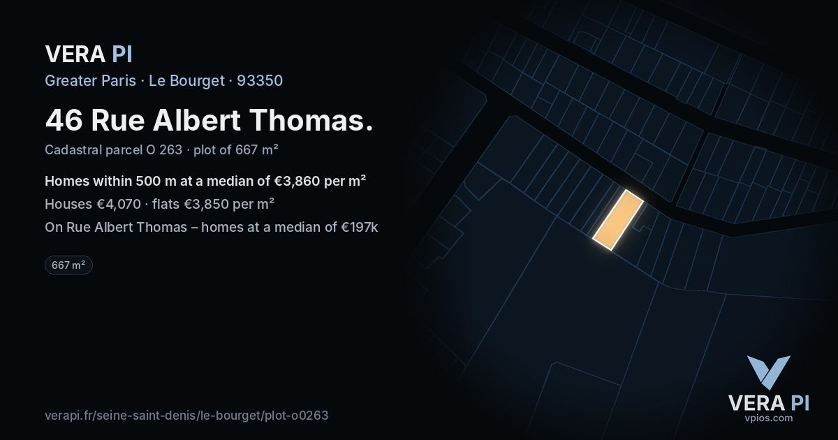 46 Rue Albert Thomas, Le Bourget at night – the plot lit, the parcels around coloured by the prices near them