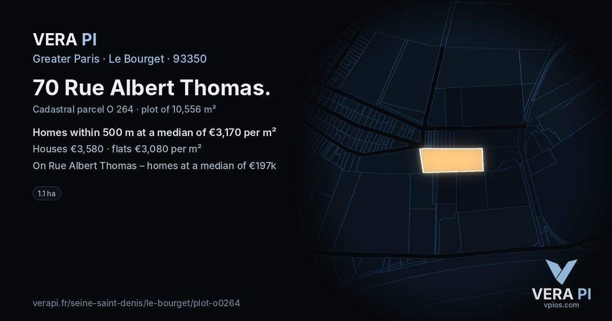 70 Rue Albert Thomas, Le Bourget at night – the plot lit, the parcels around coloured by the prices near them