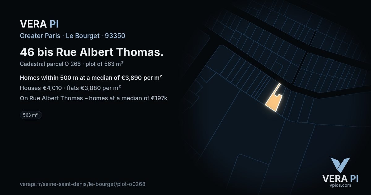 46 bis Rue Albert Thomas, Le Bourget at night – the plot lit, the parcels around coloured by the prices near them