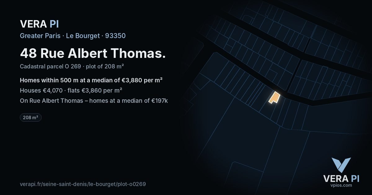 48 Rue Albert Thomas, Le Bourget at night – the plot lit, the parcels around coloured by the prices near them