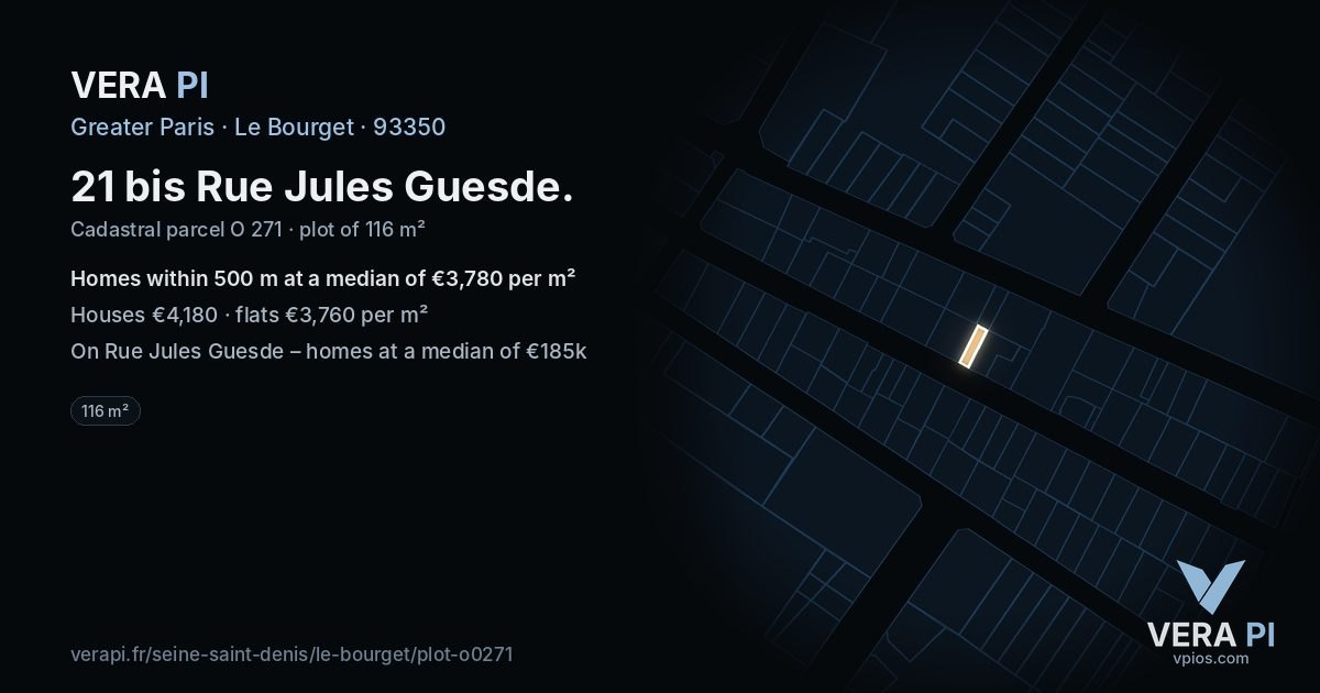 21 bis Rue Jules Guesde, Le Bourget at night – the plot lit, the parcels around coloured by the prices near them