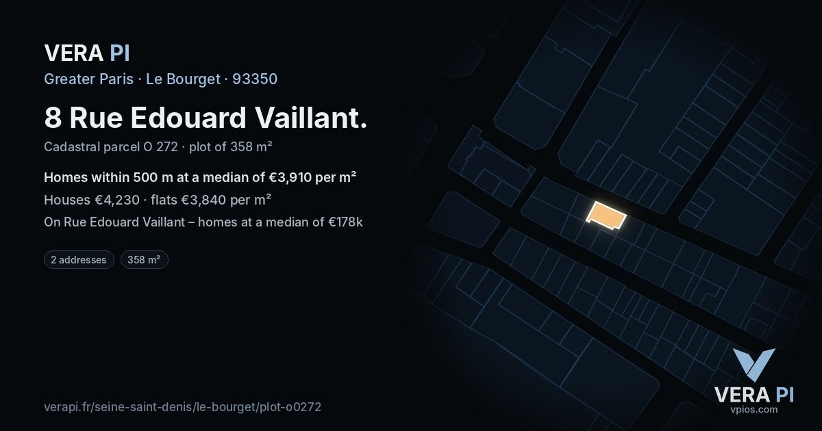 8 Rue Edouard Vaillant, Le Bourget at night – the plot lit, the parcels around coloured by the prices near them