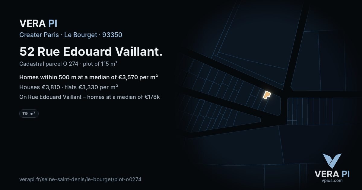 52 Rue Edouard Vaillant, Le Bourget at night – the plot lit, the parcels around coloured by the prices near them