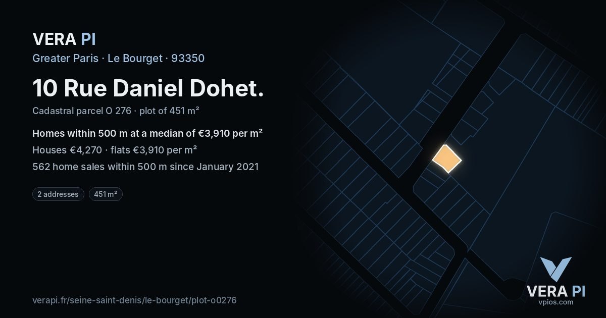 10 Rue Daniel Dohet, Le Bourget at night – the plot lit, the parcels around coloured by the prices near them