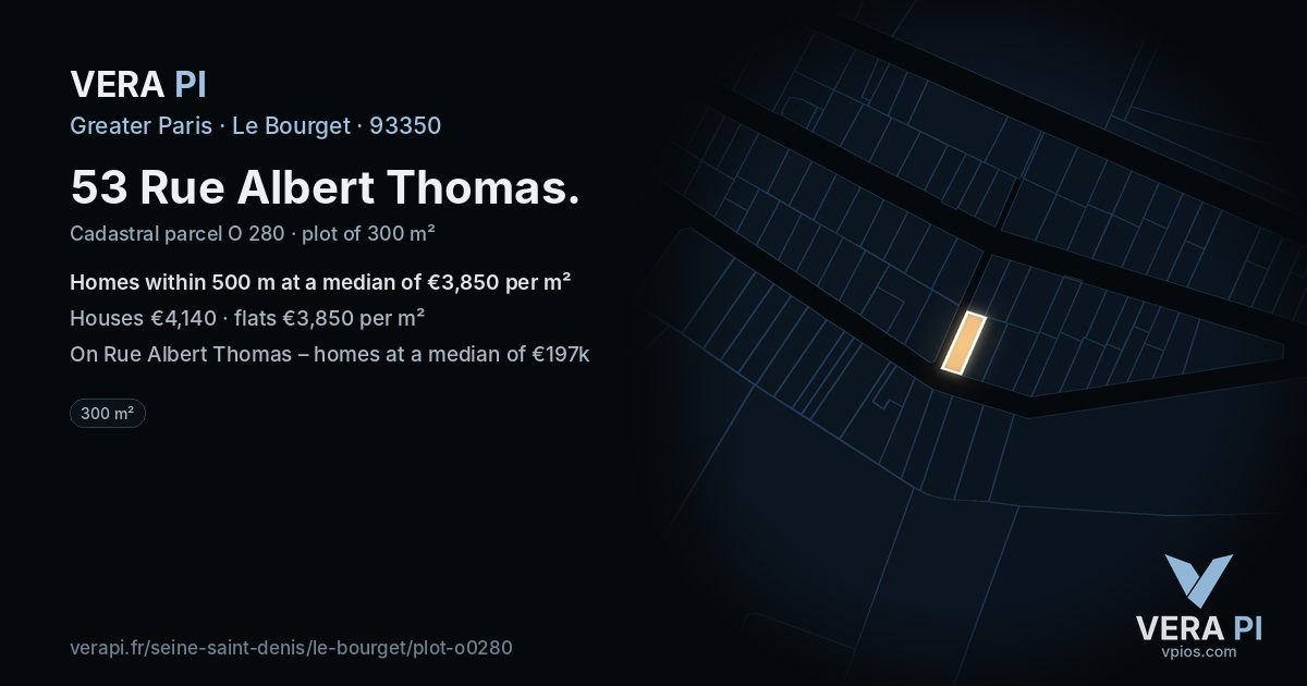 53 Rue Albert Thomas, Le Bourget at night – the plot lit, the parcels around coloured by the prices near them