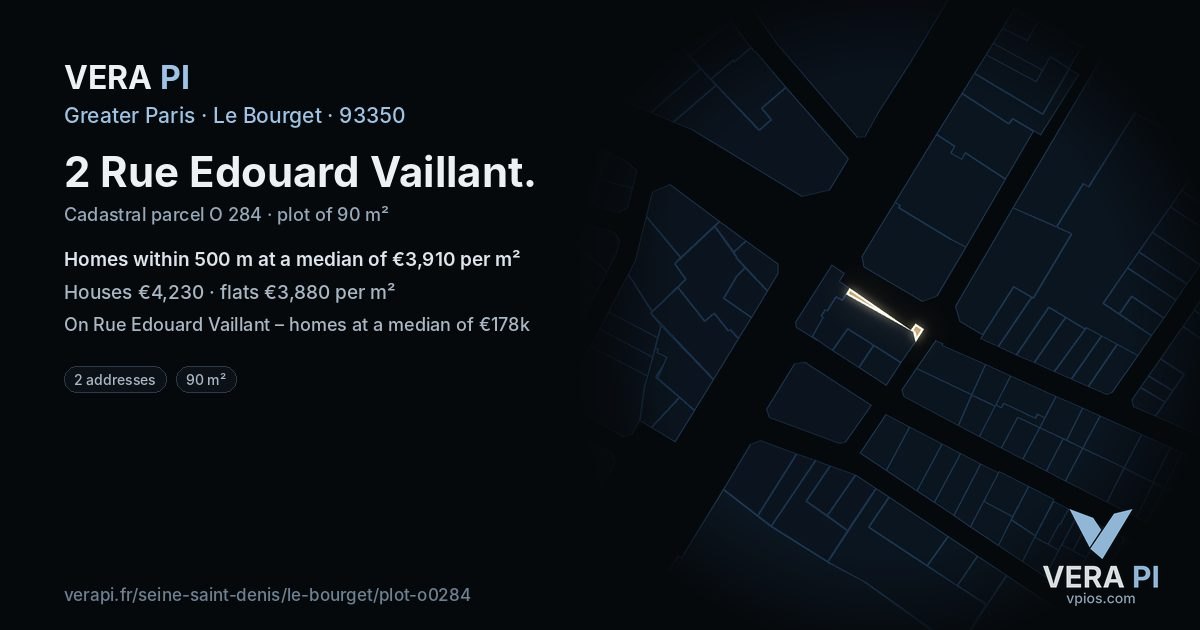 2 Rue Edouard Vaillant, Le Bourget at night – the plot lit, the parcels around coloured by the prices near them