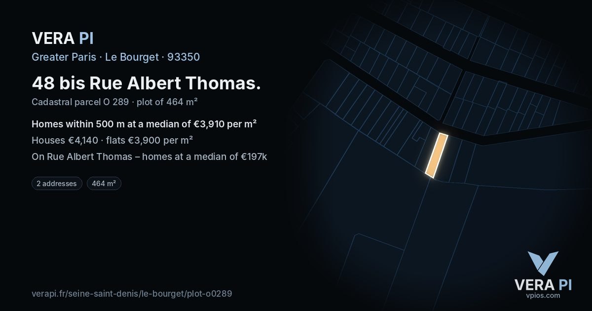 48 bis Rue Albert Thomas, Le Bourget at night – the plot lit, the parcels around coloured by the prices near them