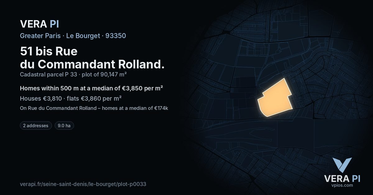 51 bis Rue du Commandant Rolland, Le Bourget at night – the plot lit, the parcels around coloured by the prices near them