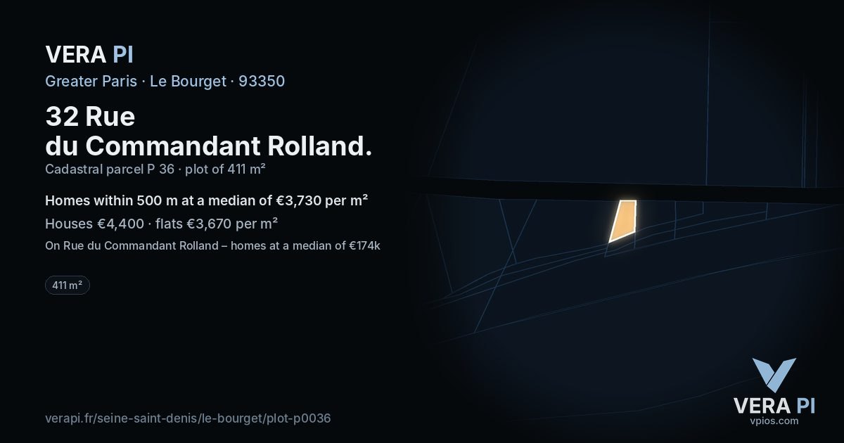 32 Rue du Commandant Rolland, Le Bourget at night – the plot lit, the parcels around coloured by the prices near them