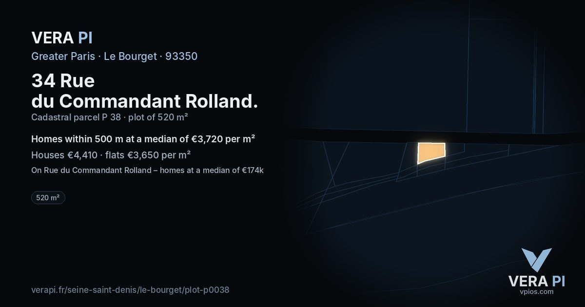 34 Rue du Commandant Rolland, Le Bourget at night – the plot lit, the parcels around coloured by the prices near them